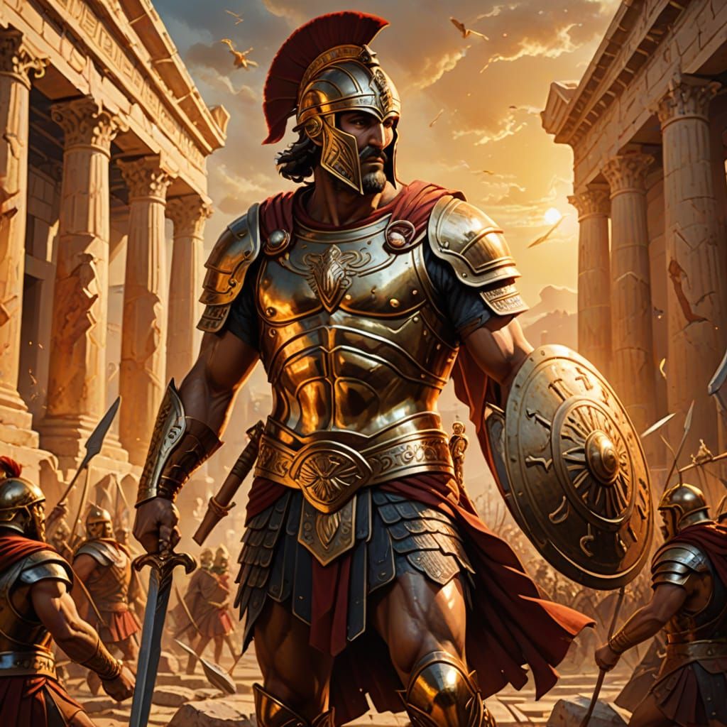 Heroic Ajax Defends Troy in Ancient Greek Pottery Style