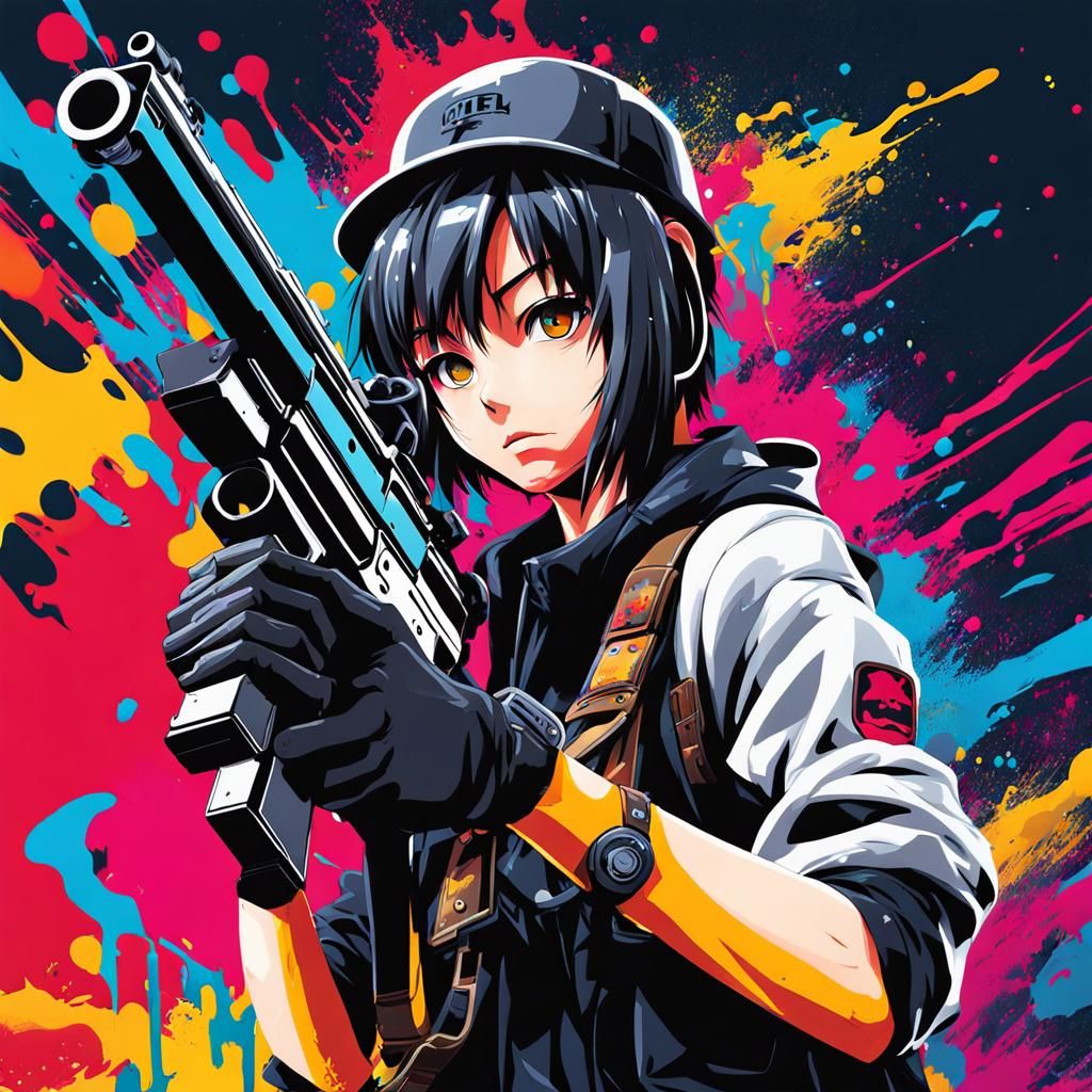 Anime Slayer with Gun in Graffiti Street Art