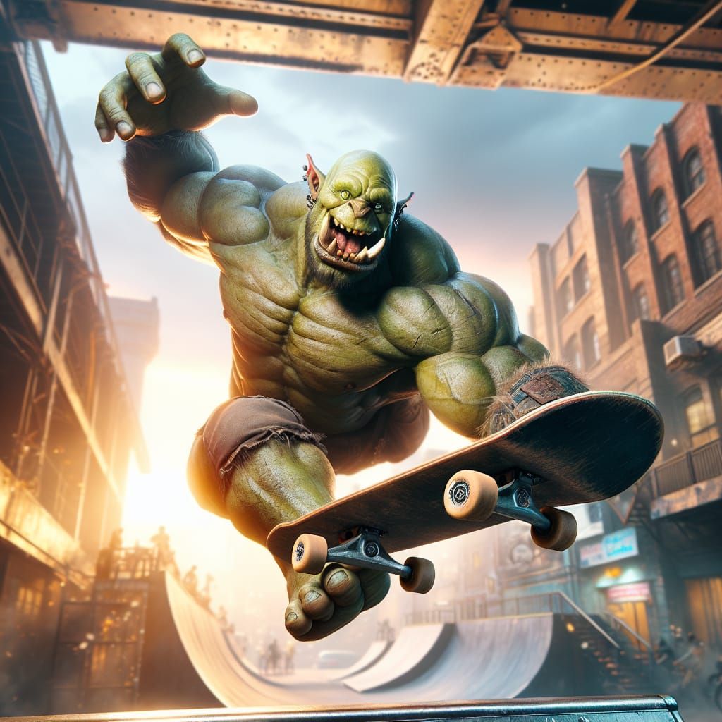 Orc Skateboarder Performing Stunt in Urban Setting