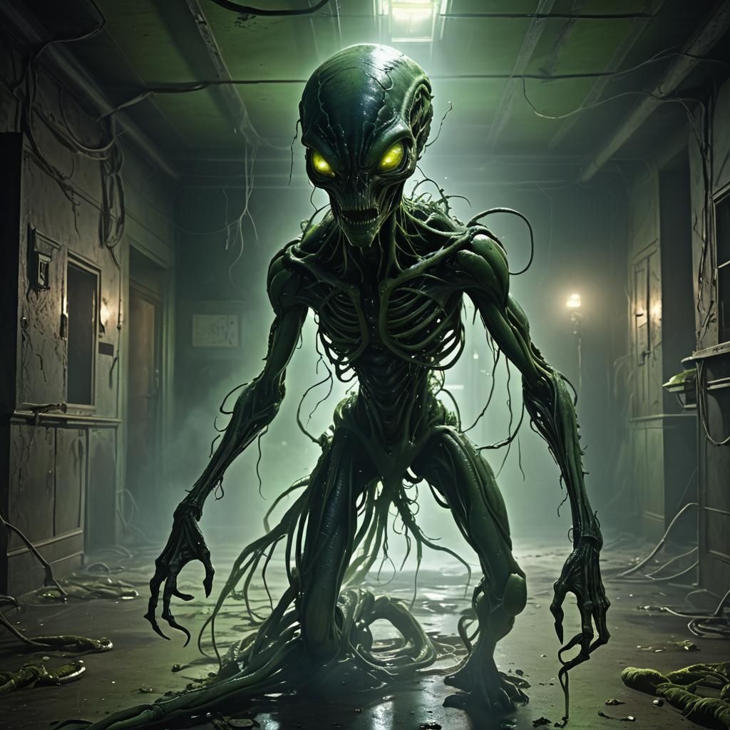 Eerie Alien Creature in Dark Asylum: Digital Painting