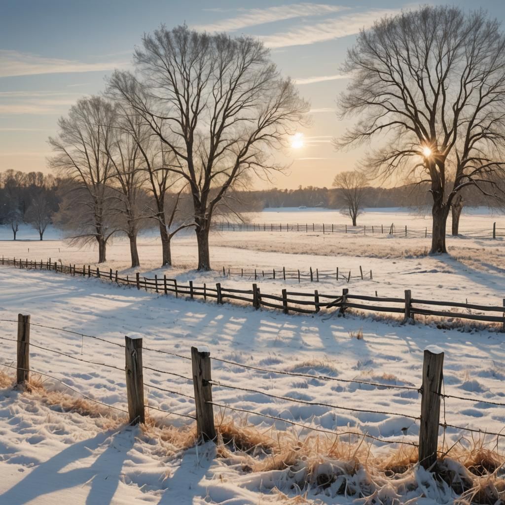 Winter Snowscape with Fence in Golden Light