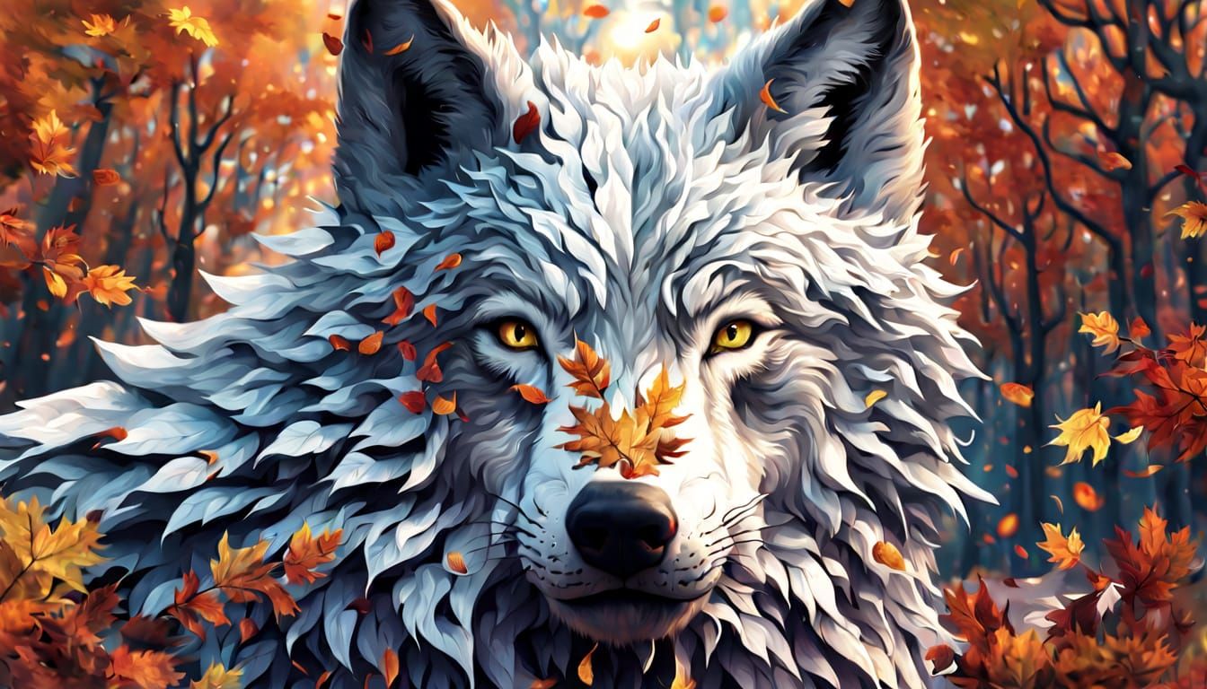 Surreal Wolf Dissolving into Autumn Leaves Vortex