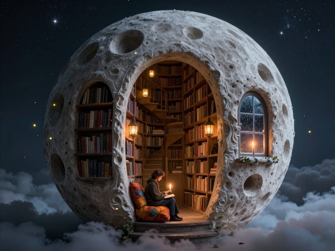 Moon as an Enchanted Library with Spiral Staircase