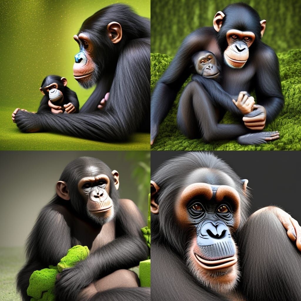 Chimpanzee Hugging Doll in Detailed 3D Render
