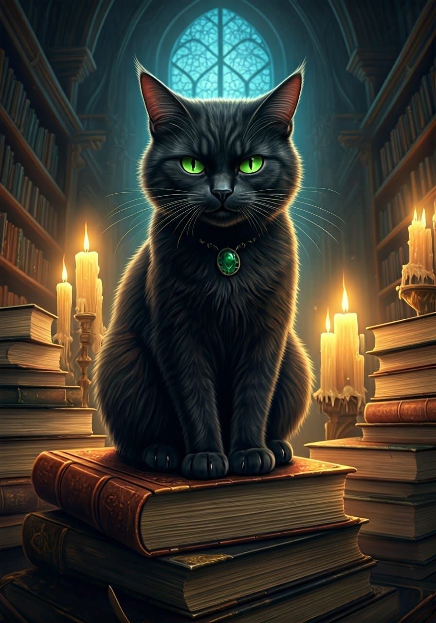 Mystical Black Cat in Library, Dreamlike Art