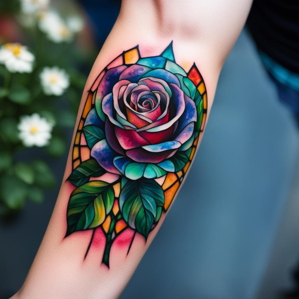 Stained Glass Rose Tattoo Close-Up
