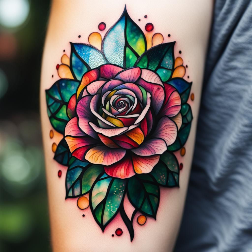 Stained Glass Rose Tattoo Close-Up