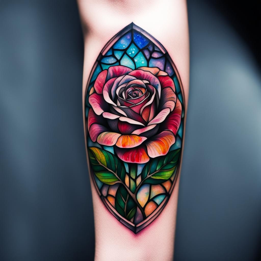 Stained Glass Rose Tattoo Close-Up