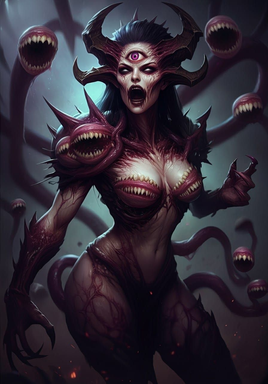 Mutated Alien Goddess with Cyclops Mouth in Sci-Fi Art