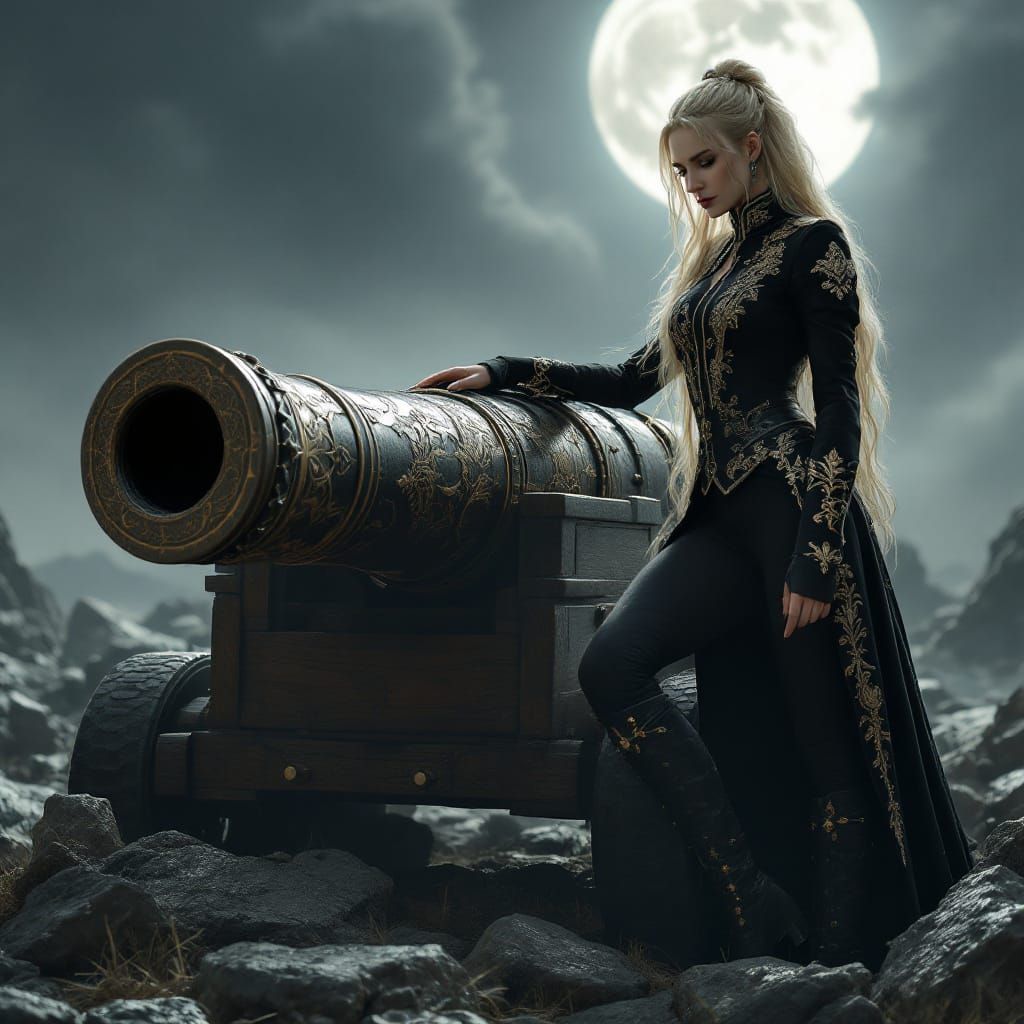 Gothic Woman with Ornate Cannon in Digital Matte Painting St...