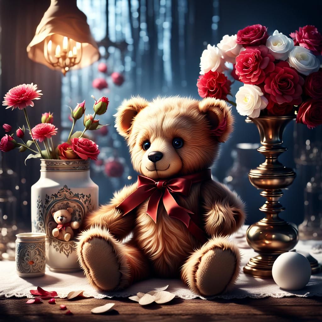 Teddy Bear Still Life in Detailed Digital Painting Style
