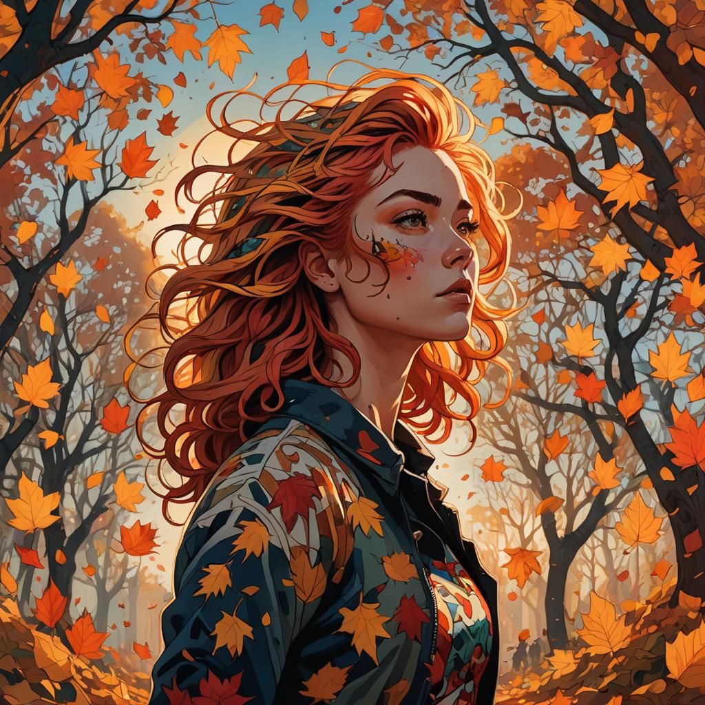 Fiery Woman in Autumn Whirlwind, Abstract Graphic Novel