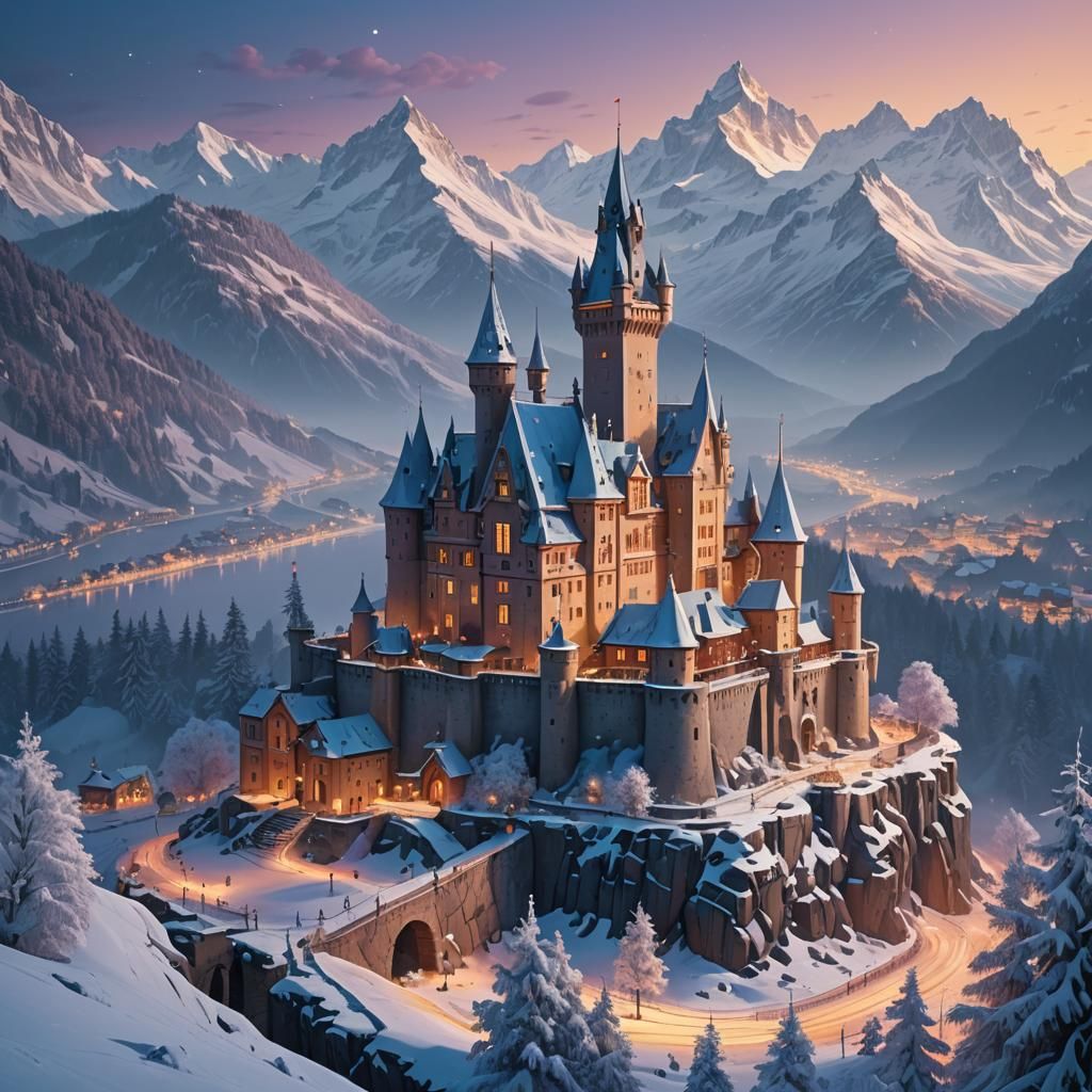 Majestic Christmas Castle in Swiss Alps at Dusk