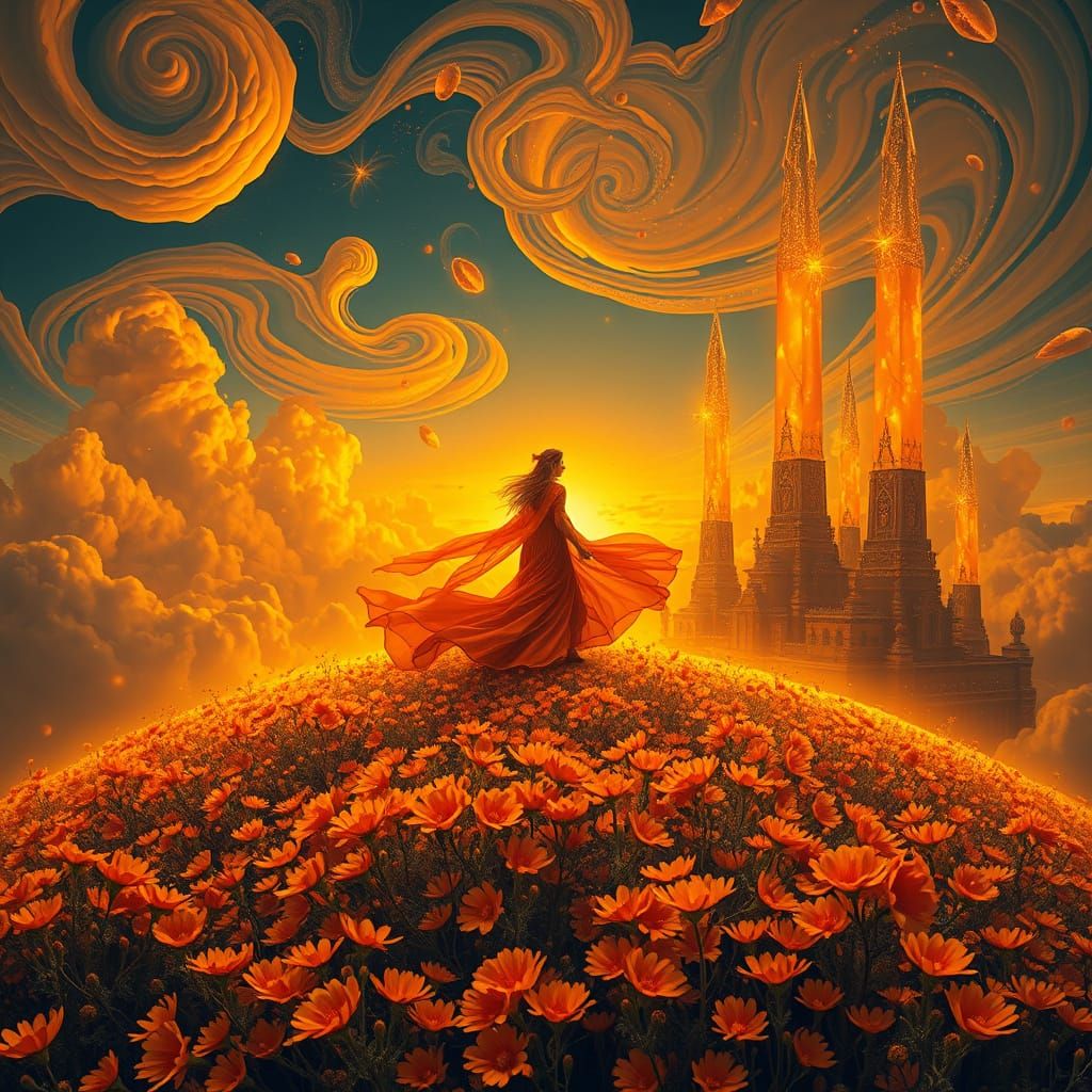 Orange Silk Figure in Surreal Landscape