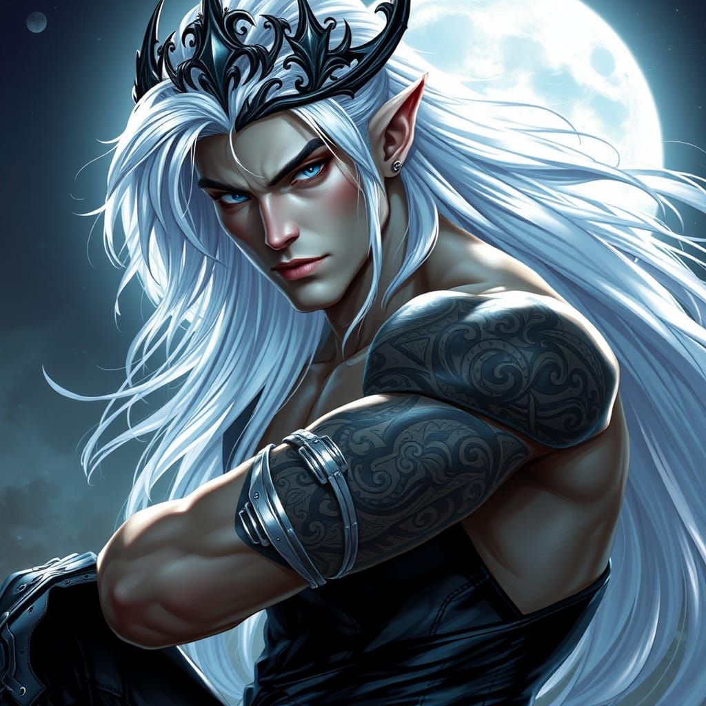 A handsome, fae male with angular features, piercing bright ...