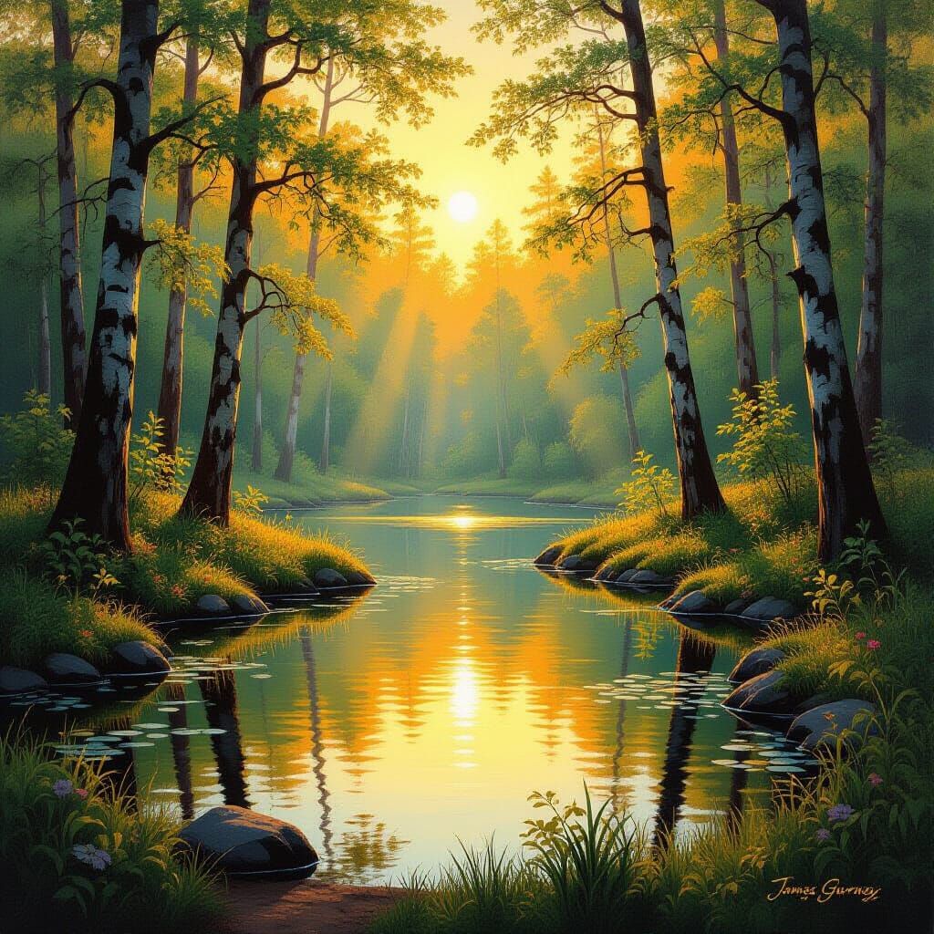 Golden Hour Forest Glade with Tranquil Pond Oil Painting