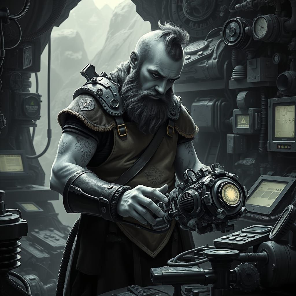 Dwarven Engineer in Cyberpunk Workshop