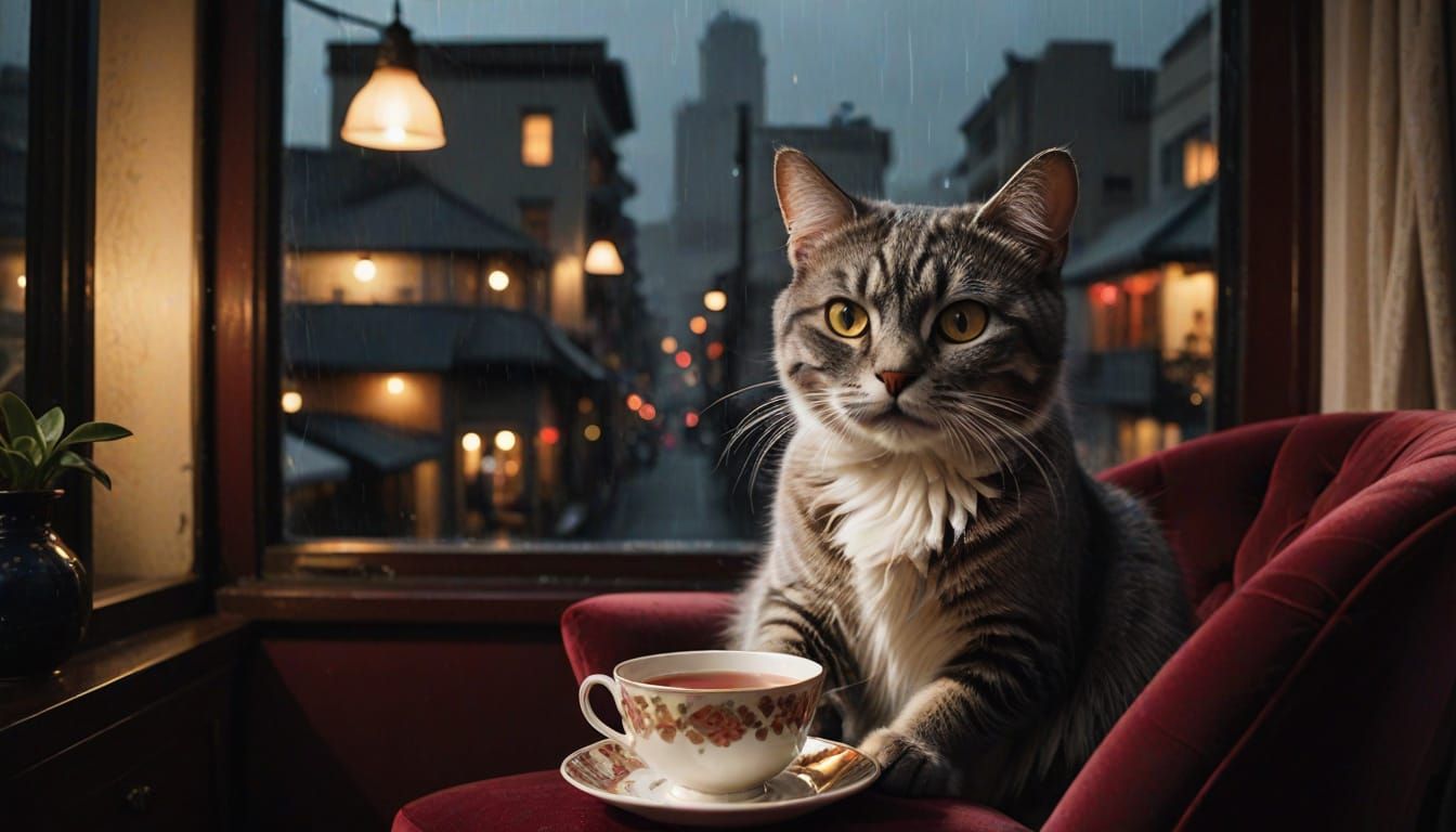 Cinematic Photo of Cat with Tea on Velvet Armchair