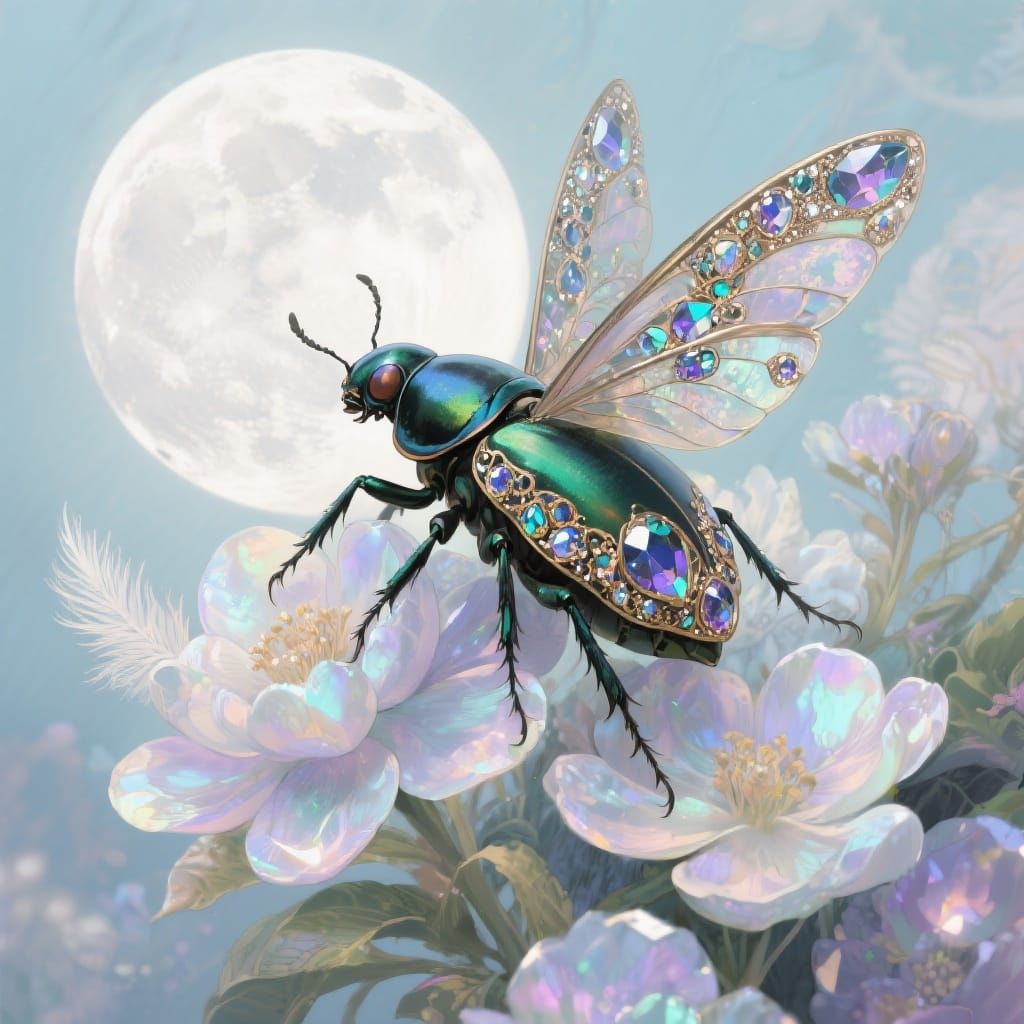 Zunyite Beetle on Moonstone Flowers, Ethereal Illustration S...