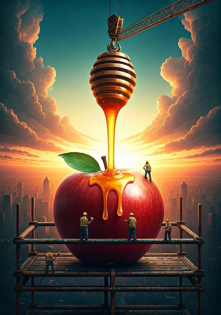 Honey Pouring on Apple Slice at Construction Site