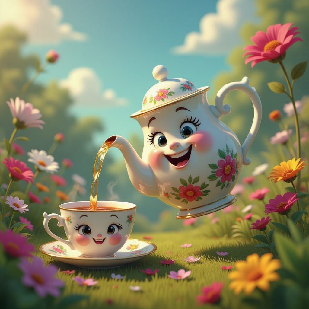 Whimsical Teapot Pours Iridescent Liquid in Surreal Garden