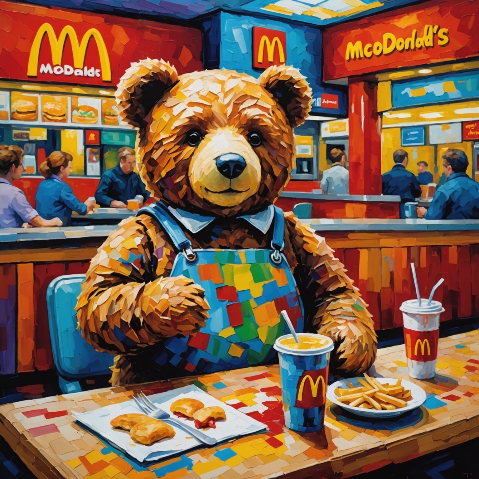 Teddy Bear at McDonald's in Expressionist Oil Painting
