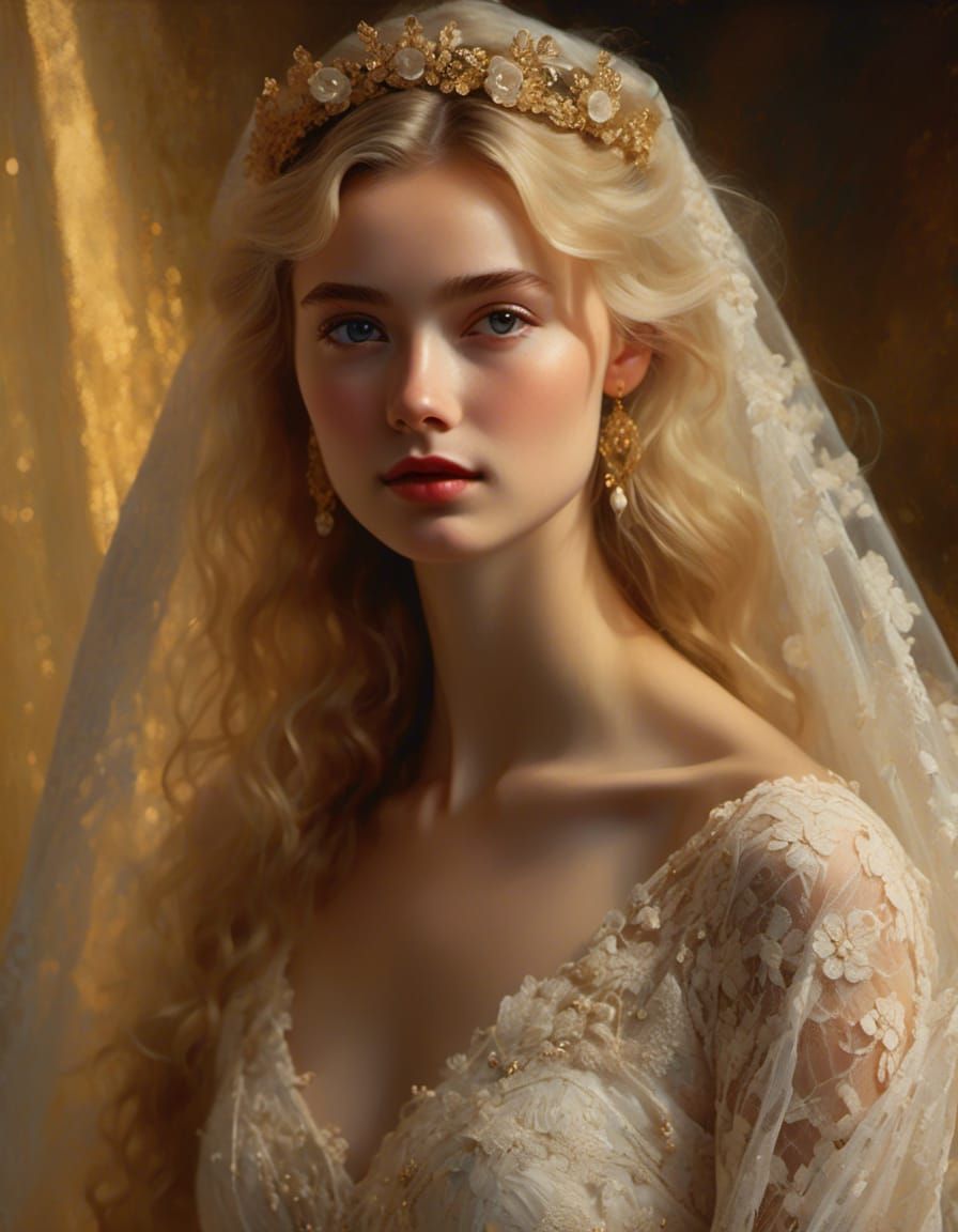 Woman in Lace Wedding Dress Oil Painting