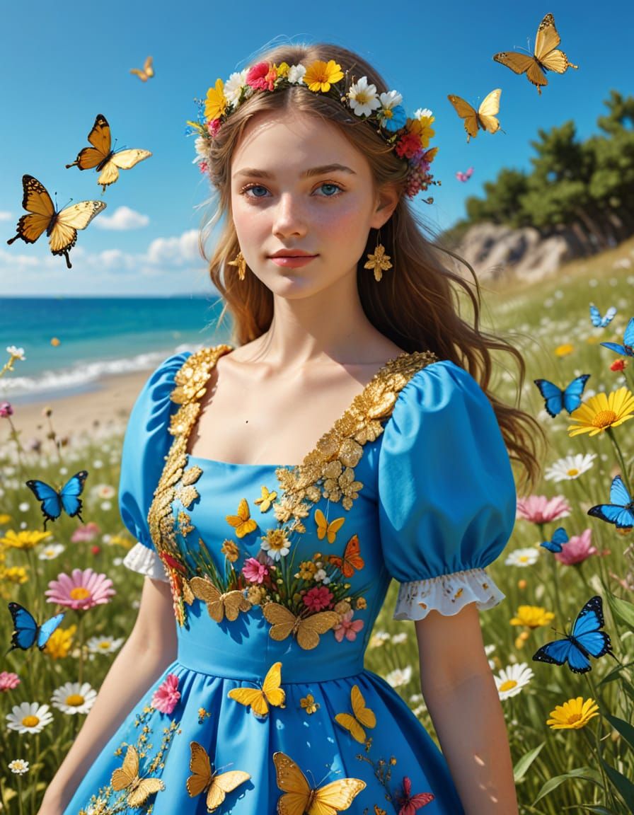 Realistic Beach Holiday Portrait in Flower Meadow
