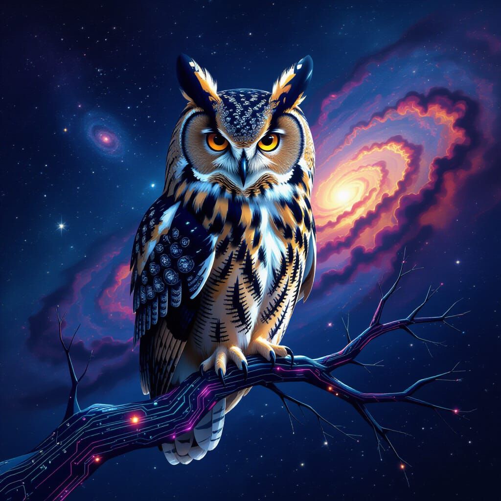 Cosmic Owl on Circuit Branch in Deep Space