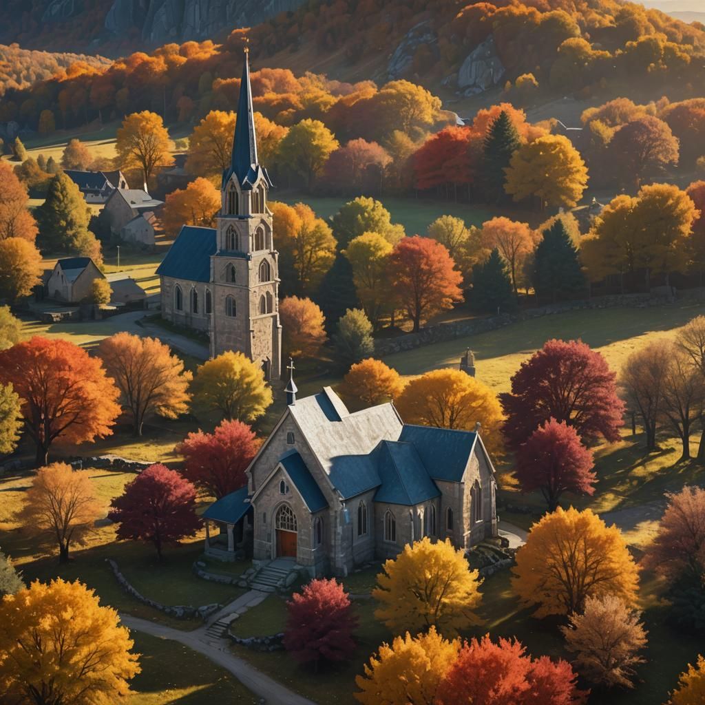 Autumn Church in Golden Light: Matte Painting