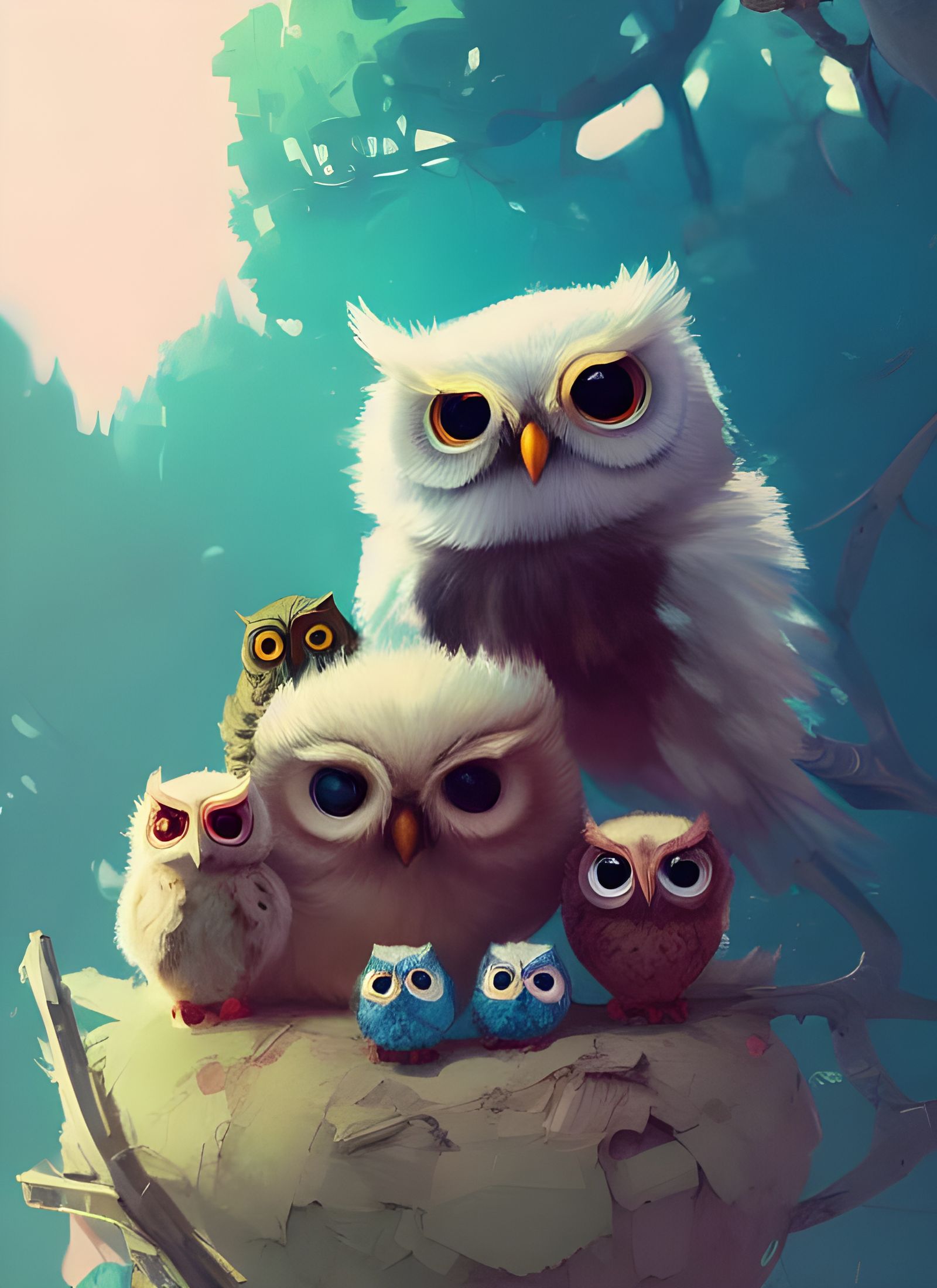 Adorable Owl Family Portrait in Chibi Style