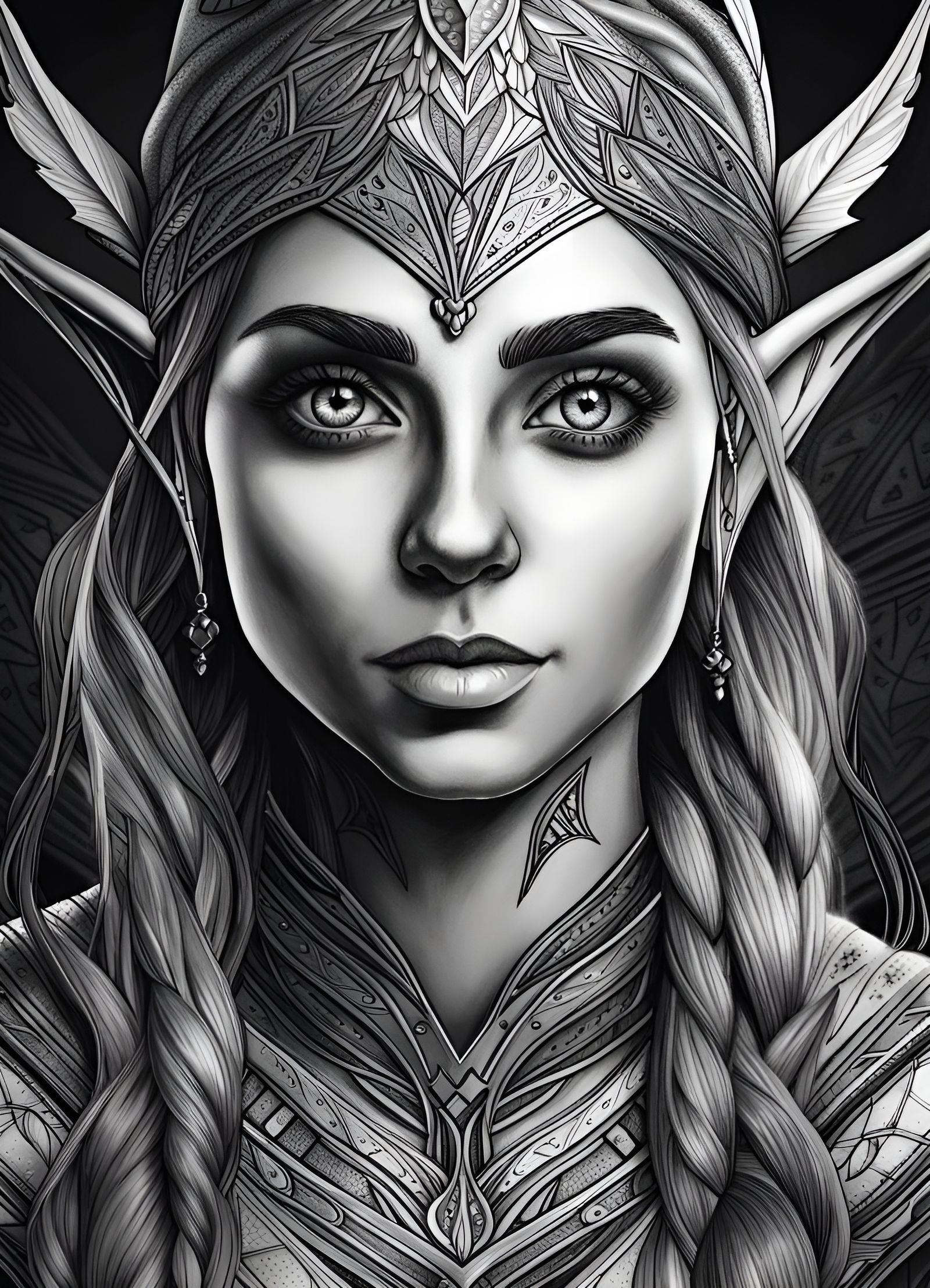 Detailed Ink Portrait of a Beautiful Female Elf