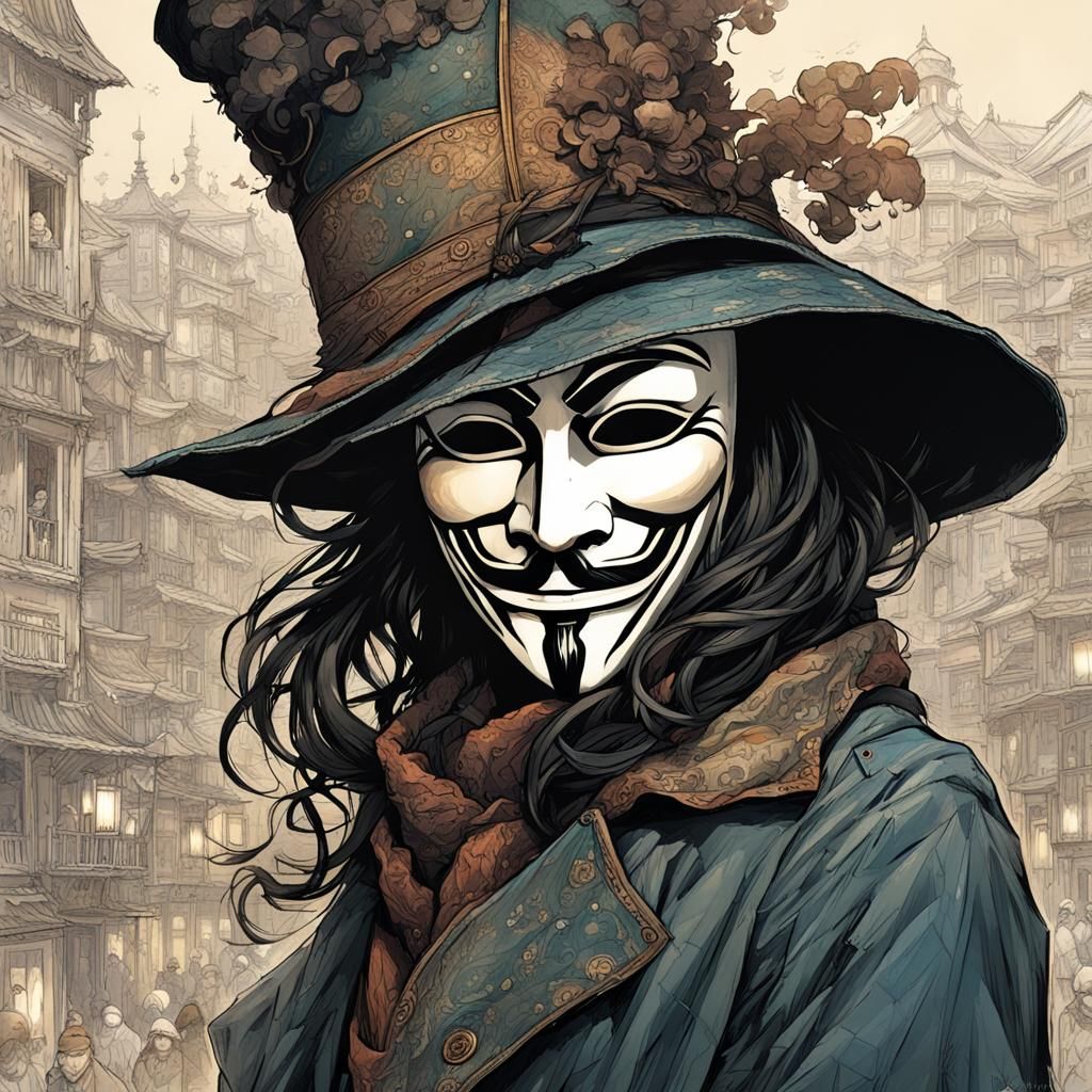 Woman Behind Guy Fawkes Mask, Detailed Manhwa Portrait