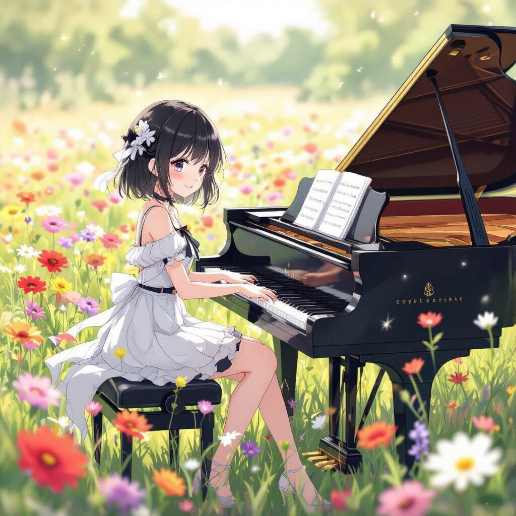 Anime Girl Plays Piano in Flower Field