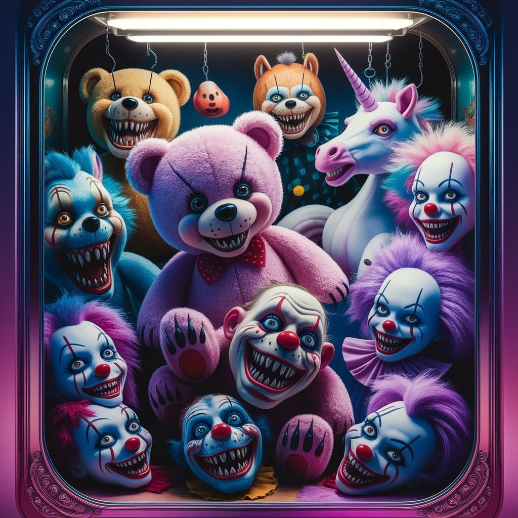 Grotesquely Charming Carnival Claw Machine with Menacing Cre...