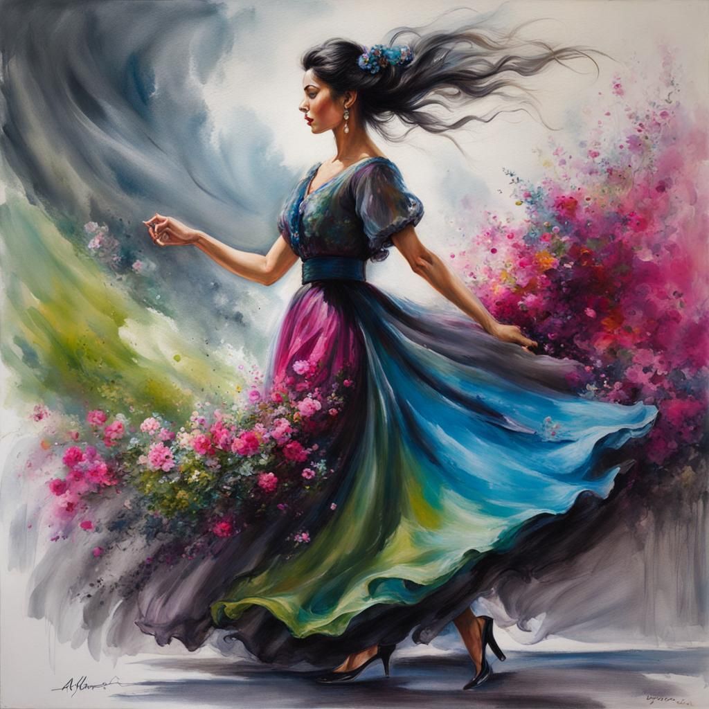 Impressionistic Painting: Woman in Swirling Dress