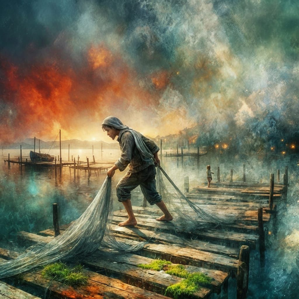 Middle Eastern Boy with Fishing Net on Dock