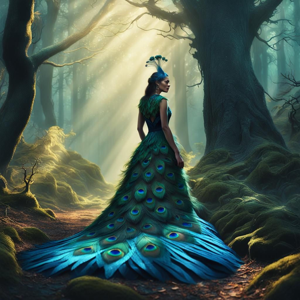 Peacock Dress in Mystical Forest, Fantasy Art