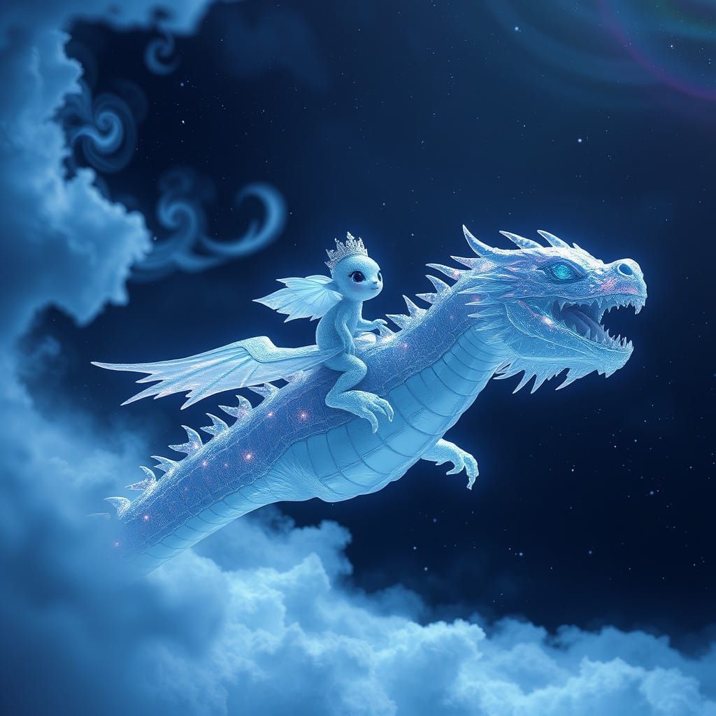 Iridescent Ice Monster Rides Frosty Dragon into Starry Night