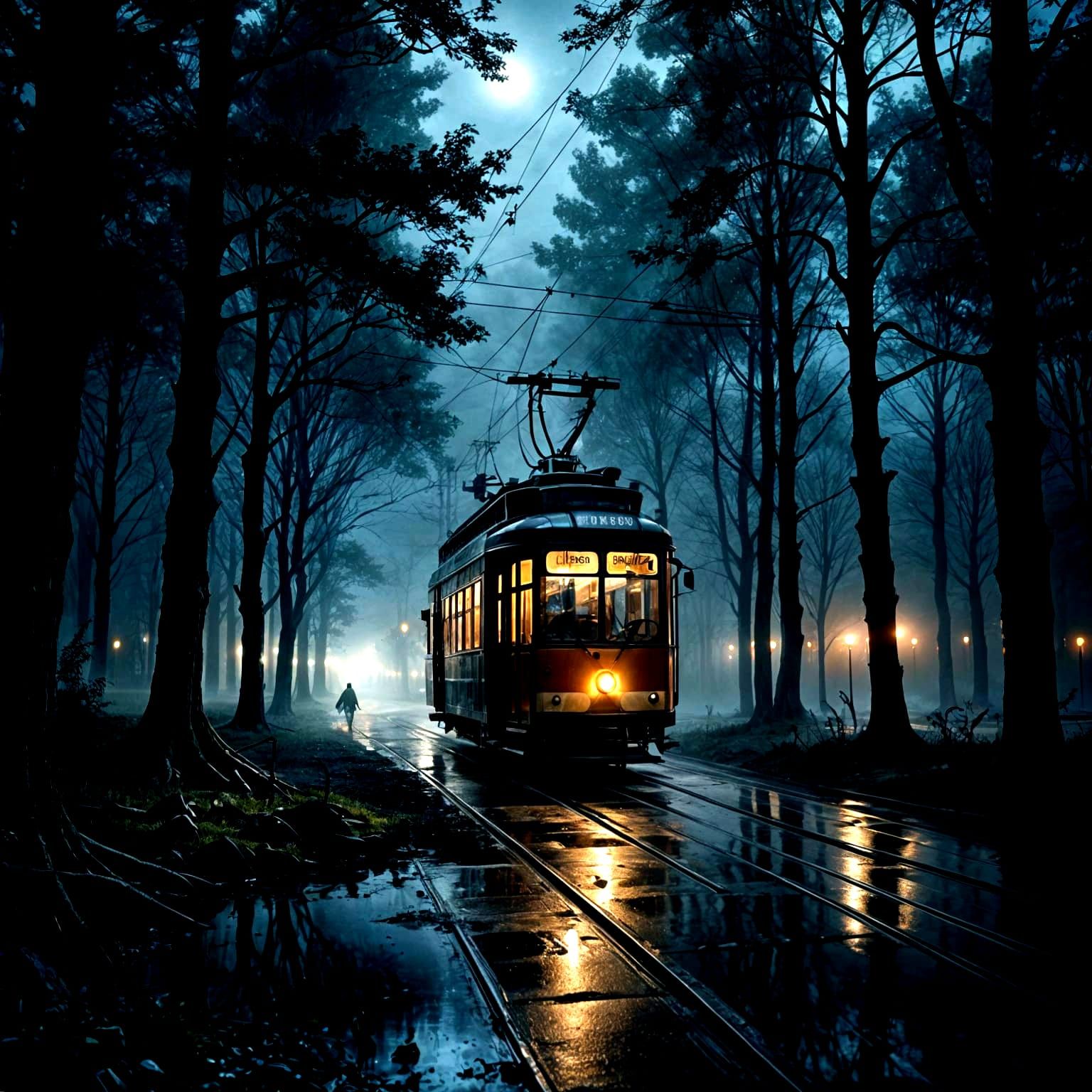 Ethereal Tram in Moonlit Night