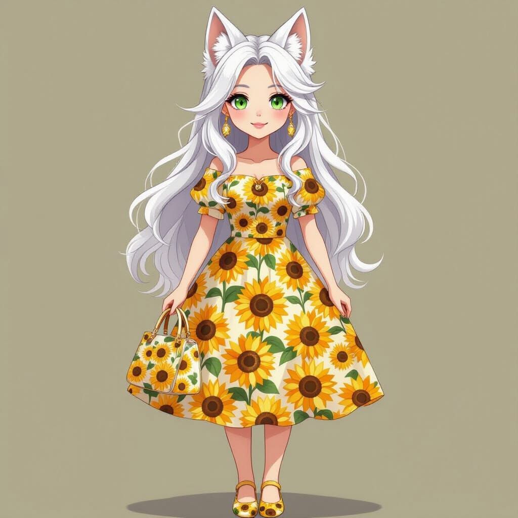 Woman with Wolf Ears, Sunflowers, Adorable Full Body
