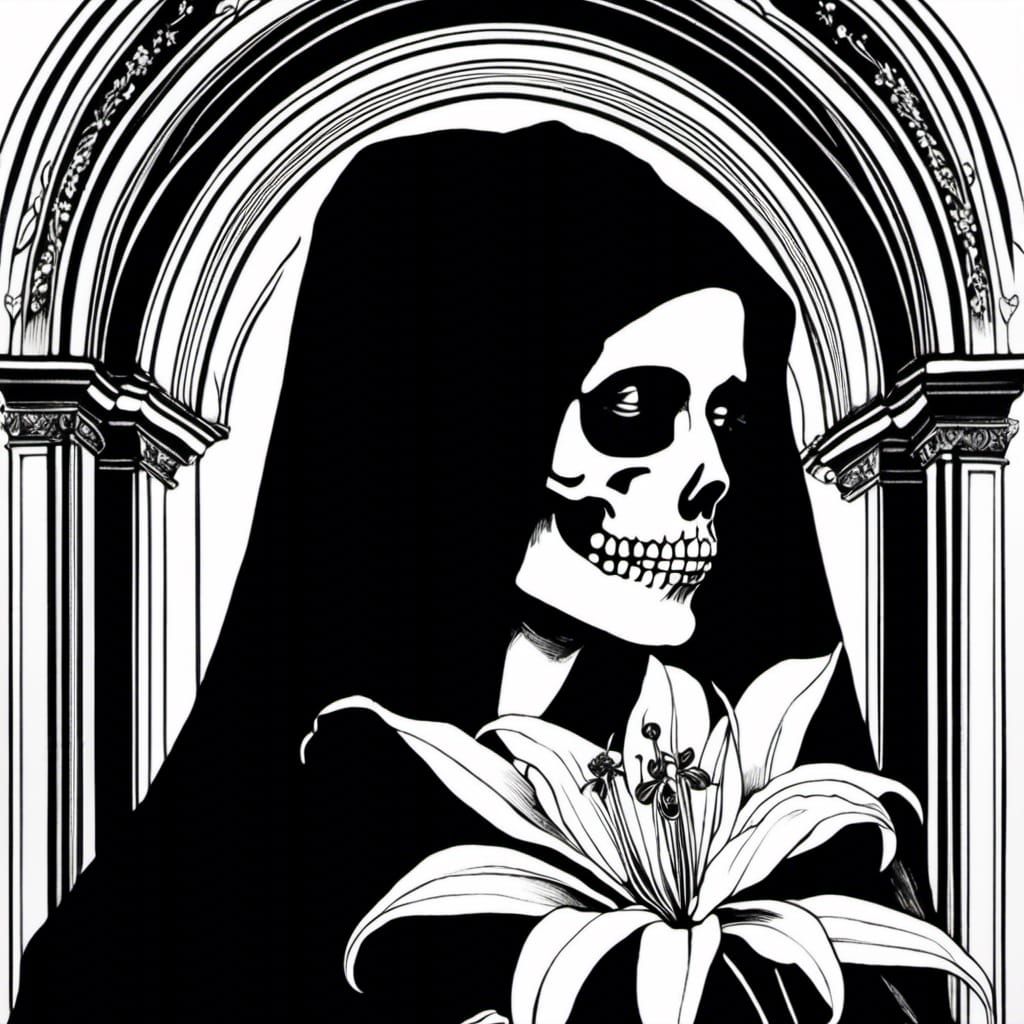 Skeleton Nun with Lily in European Ink Style