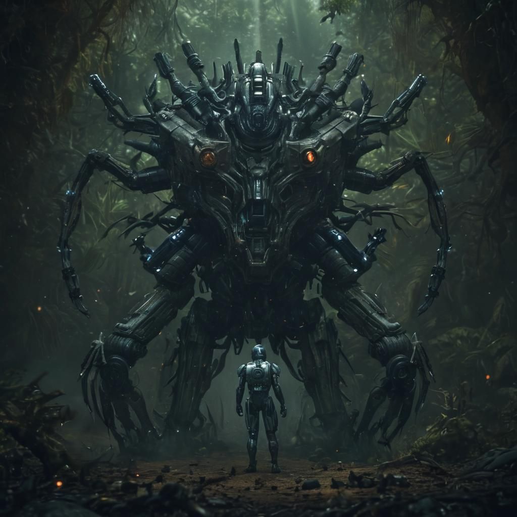 Droid Confronts Nature God: Sci-Fi Cinematic Art