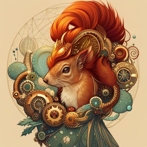 Steampunk Squirrel Queen with Golden Outlines