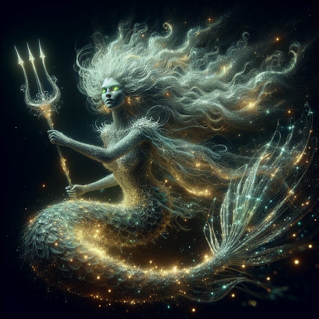 Luminous Mermaid Grasping Trident in Maximalist Style