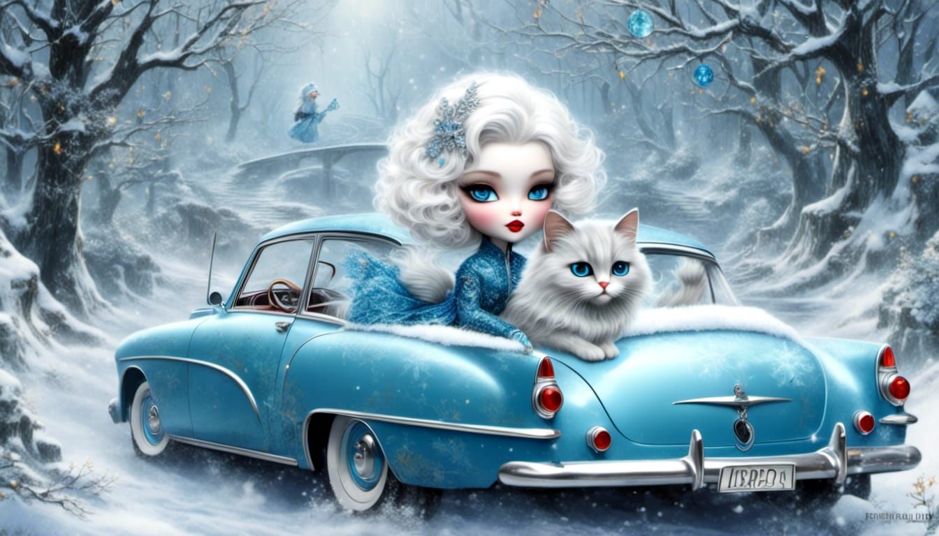 <lora:Dolls alike:1.0> <lora:dreamy:1.0> Fluffy blue(baby round,chubby cat) in a blue1950 mercery coupe card,snowy fores...