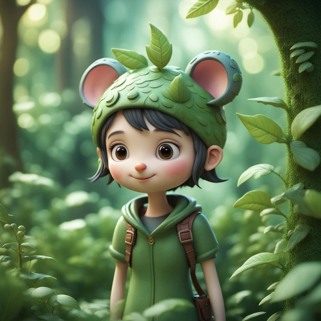 Whimsical 3D Character in Lush Greenery