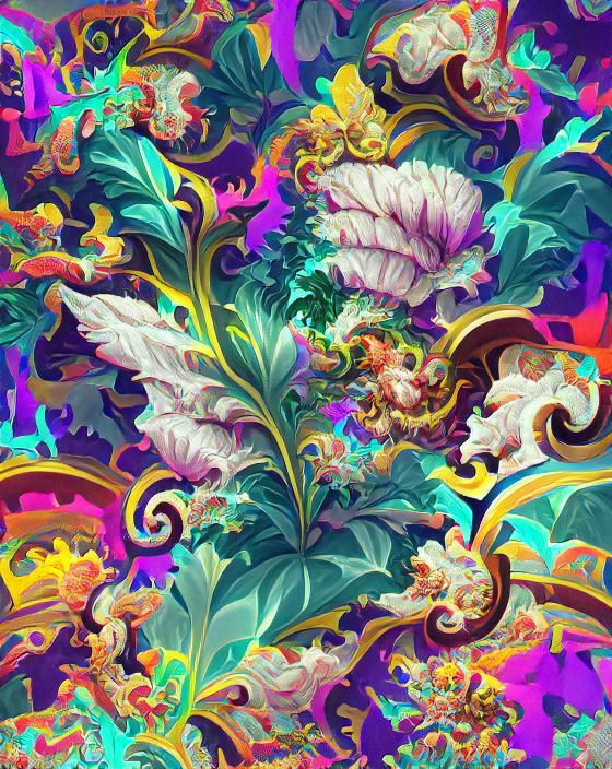 Psychedelic Rococo Flower and Leaf Pattern