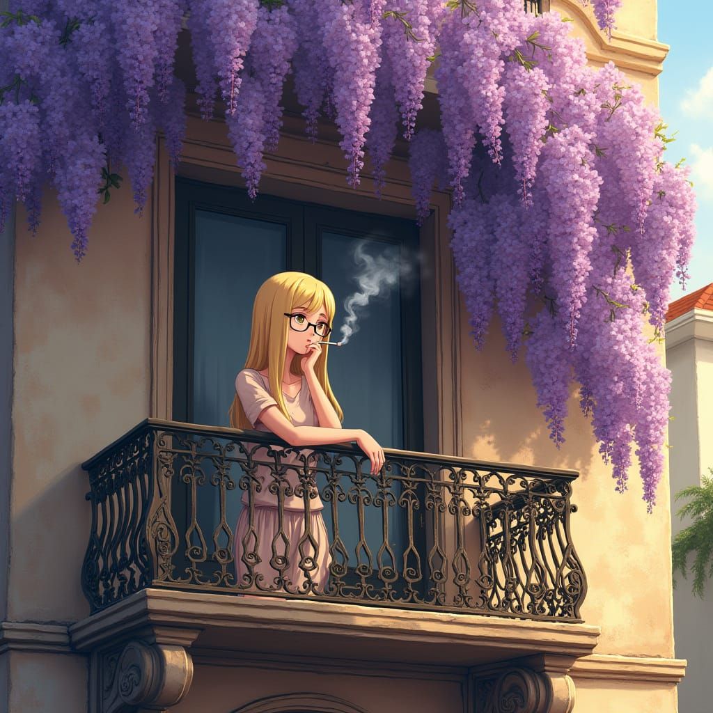 Serene Blonde Girl in Elegant European Balcony Setting