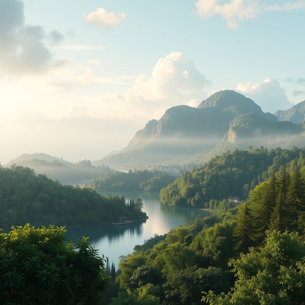 Lush Green Oasis in Dreamlike Realism